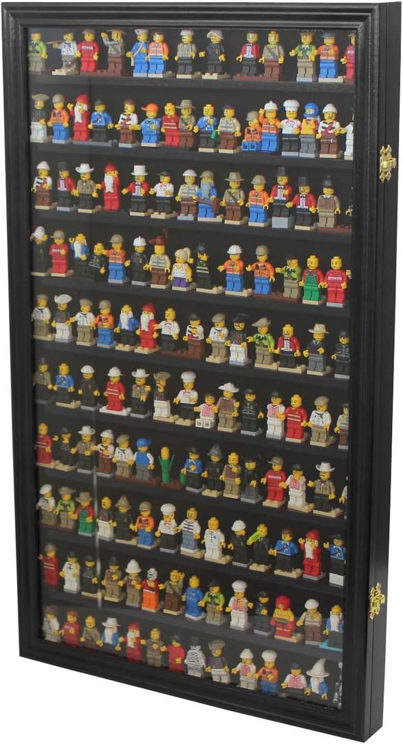DisplayGifts Building Block Toy Minifigures Miniatures Thimble Display Case Wall Cabinet Standing Plates Included, UV Protection Door Black Finish Frame