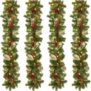 Yuxung 9 Feet Artificial Christmas Garland with Lights Prelit Garland Christmas Decorations Lighted Christmas Garland with Pine Cones Red Berries for Indoor Outdoor Home Fireplace Wreath