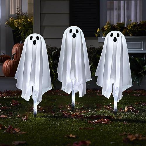 Set of 3 Halloween Pathway Markers Lights, 14.2 Inch High Plastic Ghost Lawn Garden Stakes Clear Lights for Trick or Treat Party Outdoor Waterproof Halloween Decor (Color Changing)