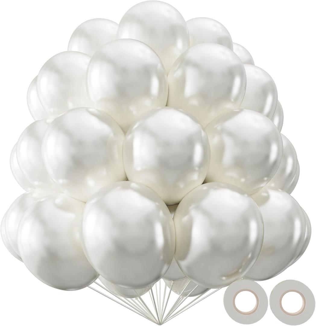 KAWKALSH Pearl White Balloon 110pcs, 12 Inch Thickened Latex Party Balloons Helium Bright Color for Birthday Baby Shower Wedding Party Supplies Arch Garland Decoration