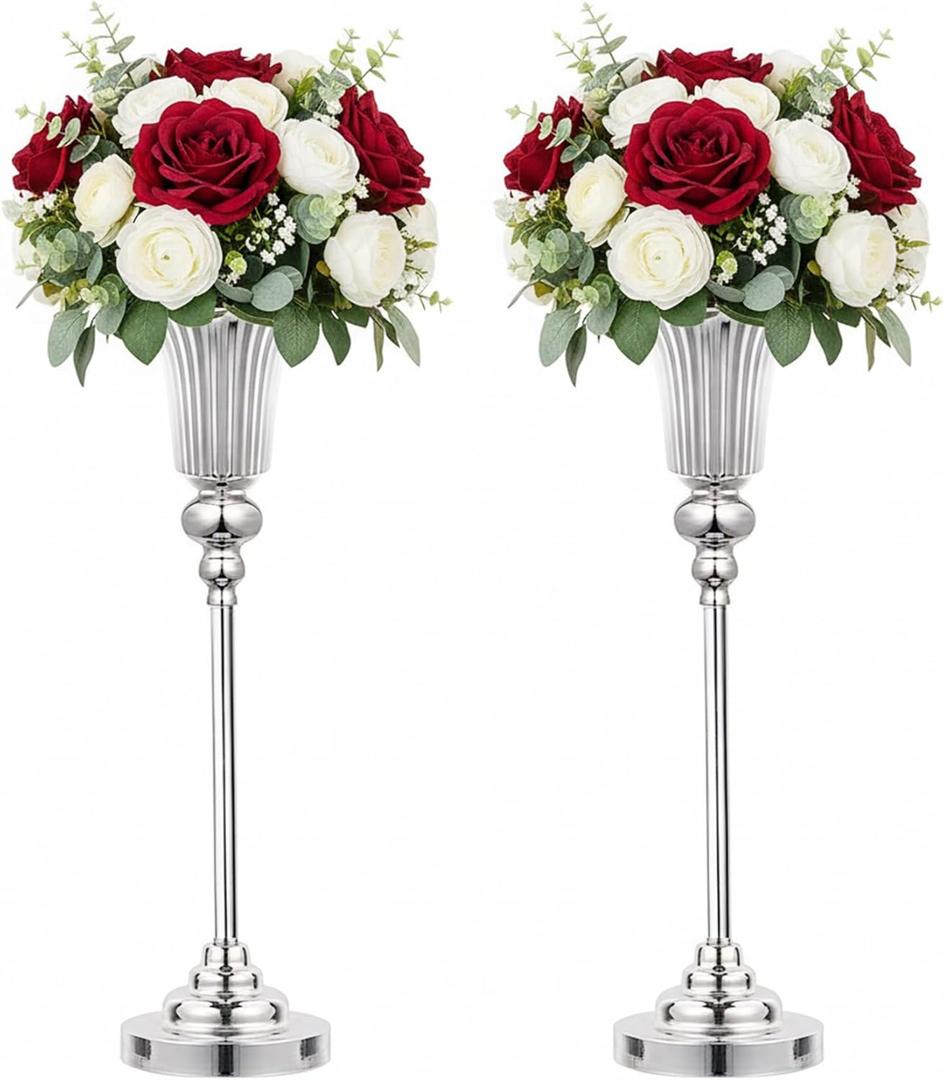 2 Pcs Wedding Centerpieces Vase, Large Vases for Floor, 22.5 inches Versatile Metal Trumpet Vase, for Party Dinner Centerpiece for Wedding Anniversary Ceremony Event Decor (Silver, 22.5in - 2Pcs)