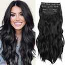 Black 20 Inch Thick Hairpieces Long Wavy Natural Synthetic Clip in Hair Extensions, for Women (4pcs, 20Inch, 1B#)