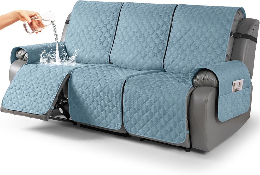 TAOCOCO 100% Waterproof Recliner Covers, Recliner Sofa Covers with Leg Straps, Reversible Recliner Couch Cover for Reclining Chair, Washable Couch Protector for Pets Kids(3 Seater, Sky Blue)