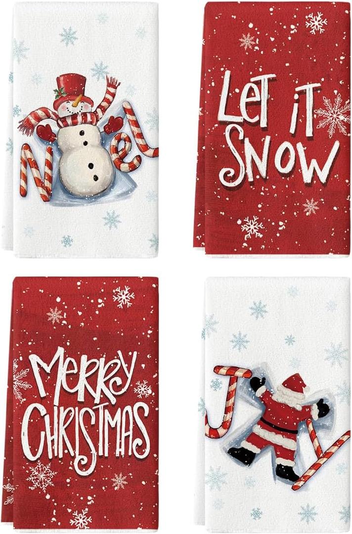 Artoid Mode Snowman Merry Christmas Kitchen Towels Dish Towels, 18x26 Inch Farmhouse Holiday Joy Snowflake Winter Decoration Cleaning Set of 4
