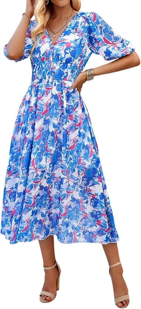 Womens Floral Flowy Wrap V Neck Midi Dress Short Sleeve Elastic Waist Casual Spring Summer Dresses for Women 2025, Size: S
