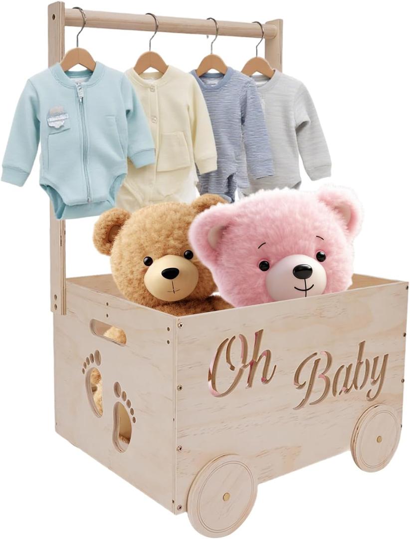 Baby Shower Gifts Baskets, Wooden Baby Closet Gifting for Newborn Boys and Girls, Wood Crate Box with Handle and Wheels, Personalized Cute Babyshower Decorations Basket for New Born