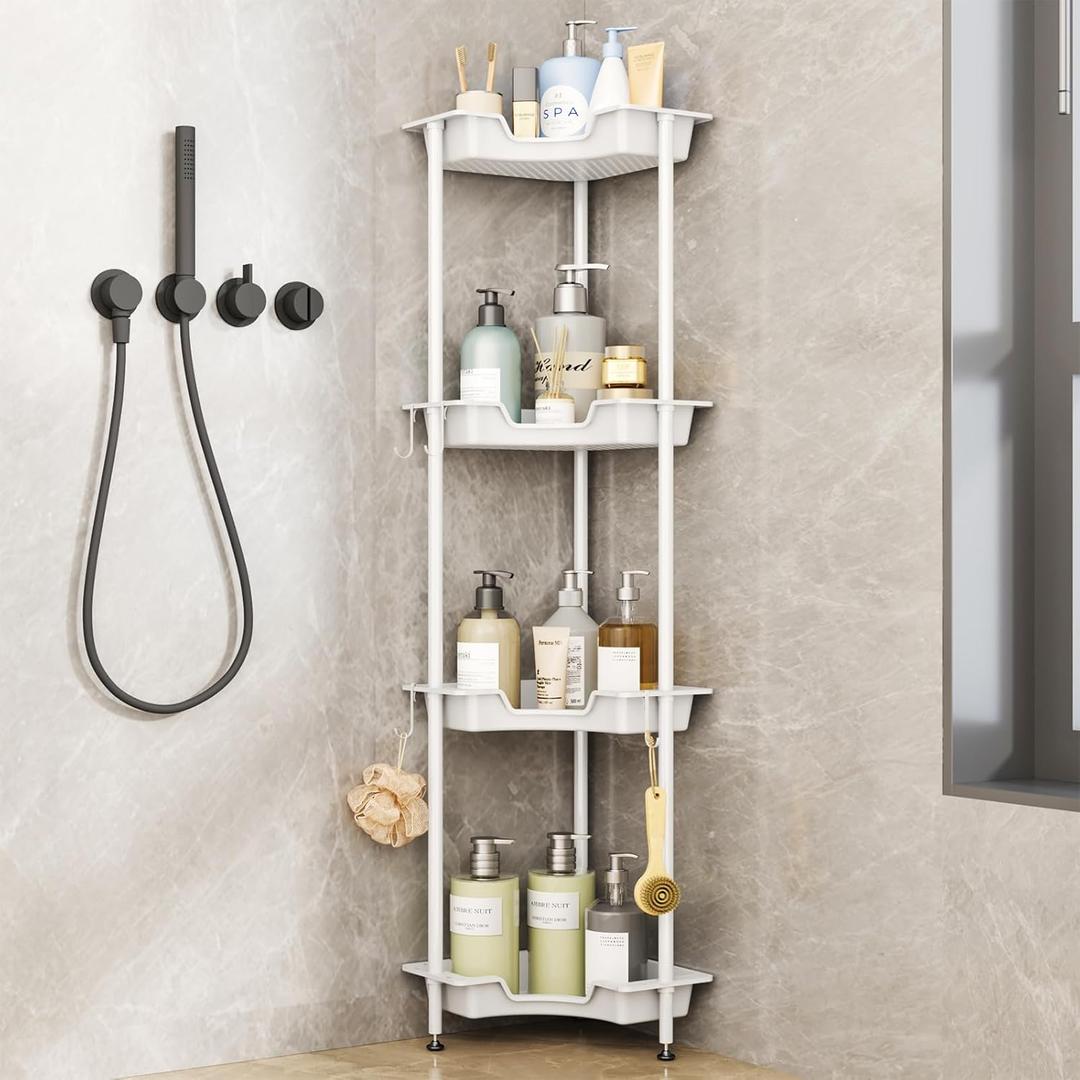 SWTYMIKI Corner Shower Caddy Standing - 4 Tier Floor Standing Shower Organizer with 4 Hooks, Plastic & Stainless Steel Waterproof Corner Stand Shower Shelf Storage Rack for Bathroom, Bathtub, White