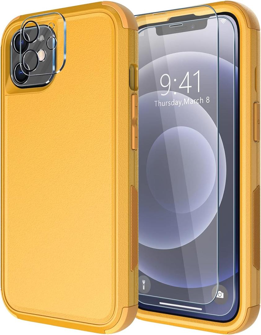 Diverbox for iPhone 12 case [Shockproof] [Dropproof] [Tempered Glass Screen Protector + Camera Lens Protector],Heavy Duty Protection Phone Case Cover for Apple iPhone 12 (Yellow)