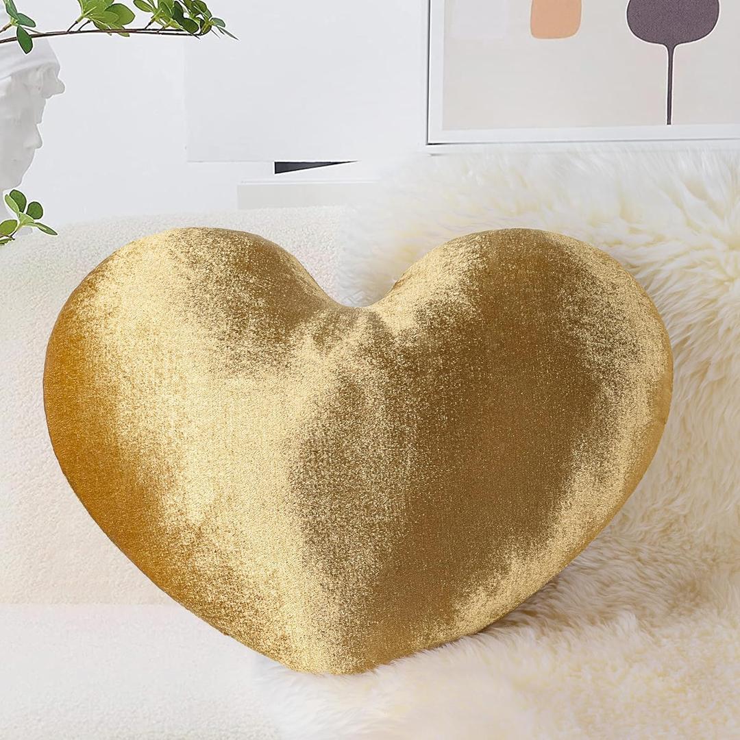 AELS Heart Shaped Pillow, 20 Inches Heart Decorative Throw Pillows, Velvet Love Cute Pillows, Valentines Day Decorations, Wedding Decor, Living Room Bedroom Nursery Decor, Golden (Large (Pack of 1))