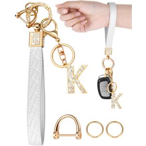 Letter Leather Wristlet Keychain Car Keys Keychain Bracelet Keychain Large Keychain for Girl Woman Personalized Gift,K-white