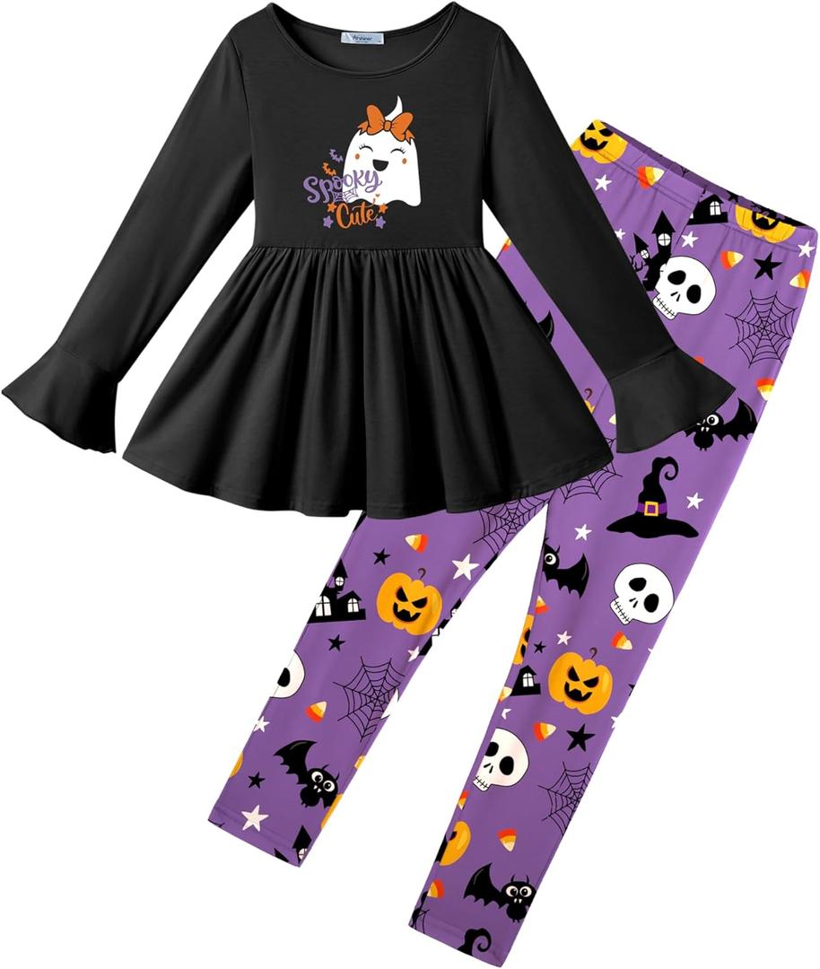 Arshiner Girls 2 Piece Clothing Set Floral Ruffle Hem Bell Sleeve Top and Leggings Fall Winter Outfits for 2-10 Years (Halloween Purple)