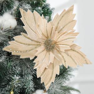 WishTip 6 Pcs 12" Large Glitter Poinsettia Artificial Christmas Flowers with Stems Xmas Tree Wreath Ornaments New Year Home Wedding Party Decor (Champagne)
