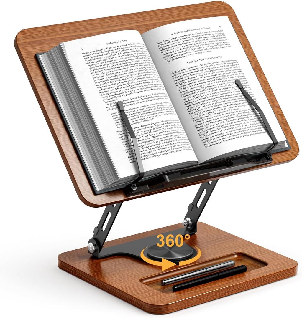 Book Stand for Reading, 360 Rotating Hands Free Book Holder, Adjustable Height and Angle, Page Clip for Cookbook, Recipe, Magazine, Laptop,Tablet, Foldable for Kitchen, Office, School