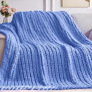 Chunky Knit Throw Blanket, 30''*40'' Knitted Throw Chenille Yarn for Bed Couch, Handmade Light Blue Crochet Big Thick Blanket, Machine Washable Cute Comfy Blanket for Home Decor
