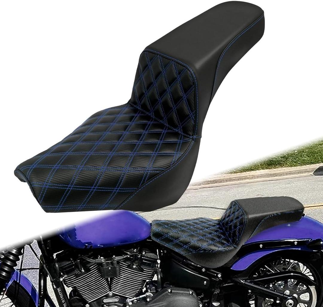 One-Piece Two-Up Seat Fit For Harley Softail 2018-2025 | Driver Passenger Seat Fits Standard FXST Slim FLSL Deluxe FLDE Street Bob FXBB FXBBS Heritage Classic FLHC, Blue Stitching