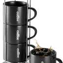 LAUCHUH Coffee Mug Set, Porcelain Stackable Coffee Mugs with Rack,15 oz Cappuccino Cups for Tea, Cocoa, Milk, Latte, Christmas, Set of 4, Matte Black