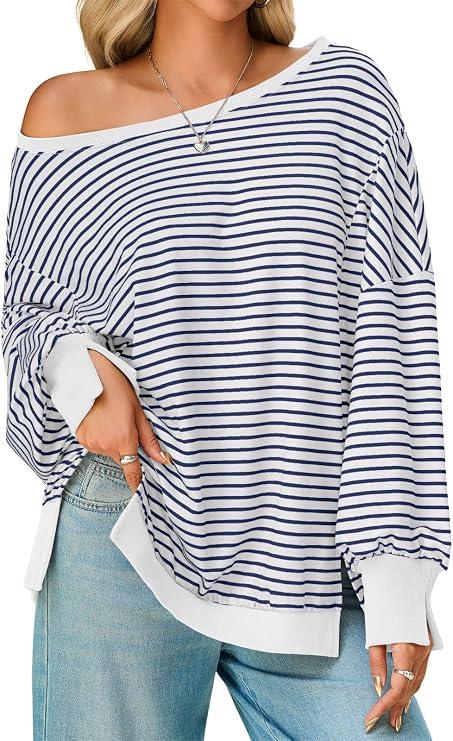 Tankaneo Womens Striped Oversized Sweatshirt Off The Shoulder Lantern Long Sleeve Top Split Fall Trendy Pullover 2025, S