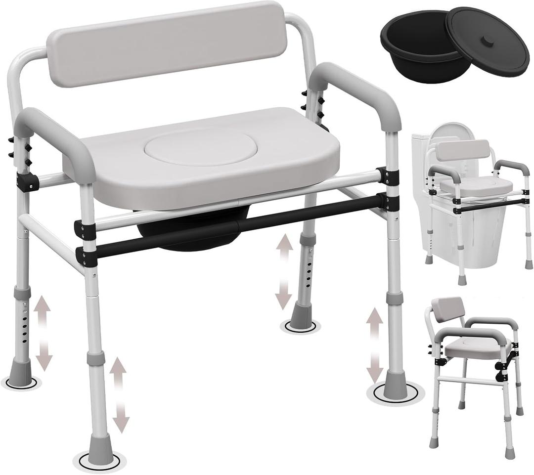 Adjustable Medical Bedside Toilet Chair, with Padded Backrest, Height Adjustable, Foldable Armrests, Gray.