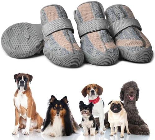 Pack of 3, PETQYS Dog Shoes,Mesh Breathable Dog Boots for Walking Running Hiking,Soft Non-Slip Rugged Rubber Sole Dog Booties with Adjustable Straps 4Pcs,Grey-Size6