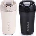 14 oz Travel Coffee Mug, 2 Pack Vacuum Insulated, Spill Proof with Lid and Straw, Reusable Tumbler for Keep Hot/Ice Coffee,Tea and Beer, Car Thermos Cup Gift for Christma