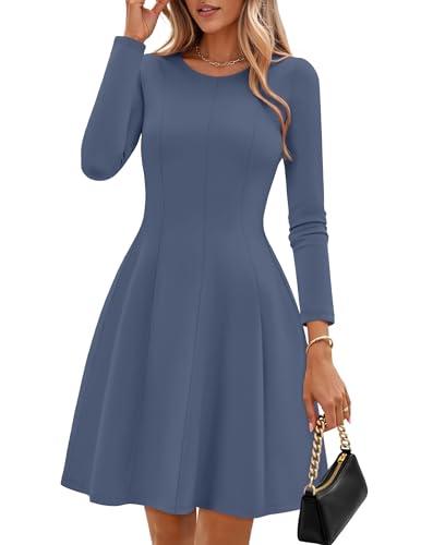 ZESICA Womens Long Sleeve Mini Dress 2026 Fall Crewneck Pleated Babydoll A Line Flowy Wedding Party Short Dresses,Dusty Blue,Large