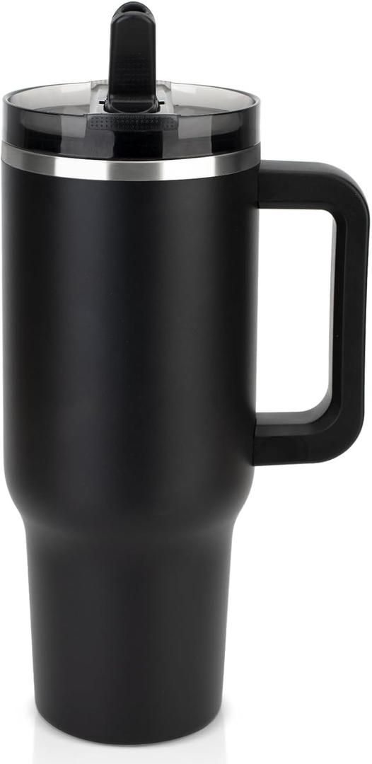Sursip 40 oz Tumbler with Handle and Flip Straw, 100% Leakproof Lid Insulated Cup Stainless Steel Water Bottle for Cold Drinks Travel Mug, BPA-Free, Dishwasher Safe (Black)