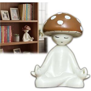 2 x Meditation Mushroom Resin Statue  Cute Yoga Mushroom Figurines for Desk Home Office Garden Decor, Tabletop Plant Ornament for Living Room Patio Backyard