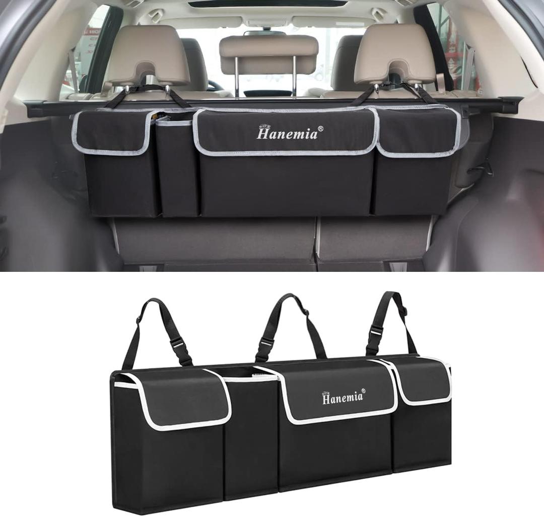Car Trunk Organizer and Storage, 38.19"L x 4.72"W x 12.59"H  Backseat Hanging Organizer for SUV, Truck, MPV, Waterproof, Collapsible Cargo Storage Bag with 4 Pockets,  Car Interior Accessories (Black) 