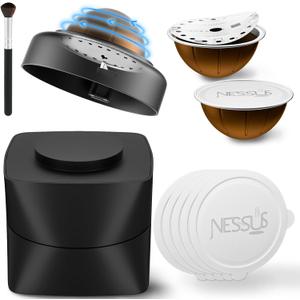 NESSUS Refill Kit for Reusable Nespresso Vertuo Pods, Lid Easy Remover for Original Seal, 100PCS Aluminum Foil Lids, Tamp & Press Refillable Vertuo Capsules Holder and Brush