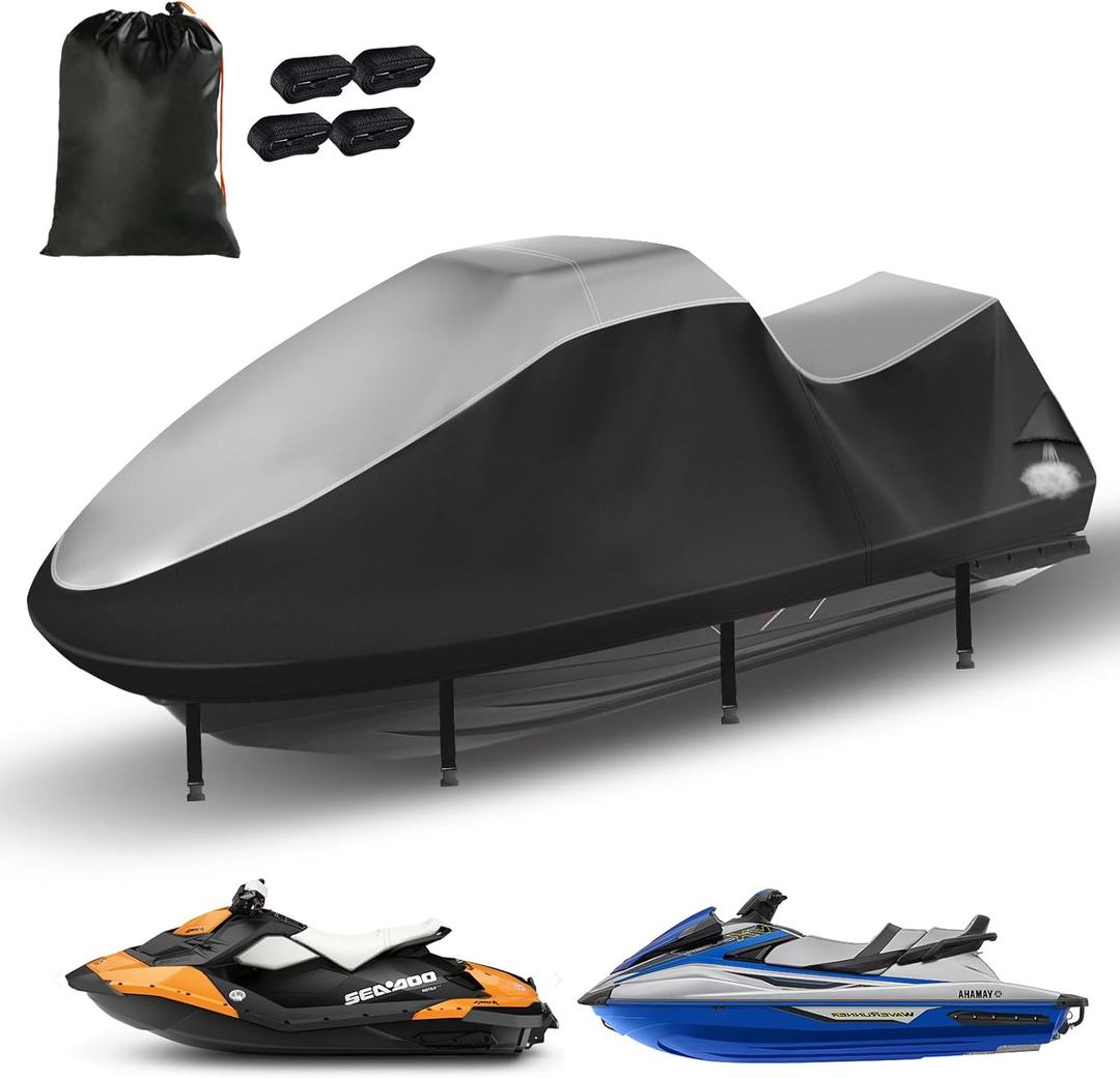 Jet Ski Cover, Durable 420D Jetski Covers 2 3 Seater Waterproof, UV Resistant Jetski Cover with 2 Air Vents, 4 Windproof Buckles, All Weather Universal Cover for Yamaha Seadoo (121"-135") (Silver-Black)