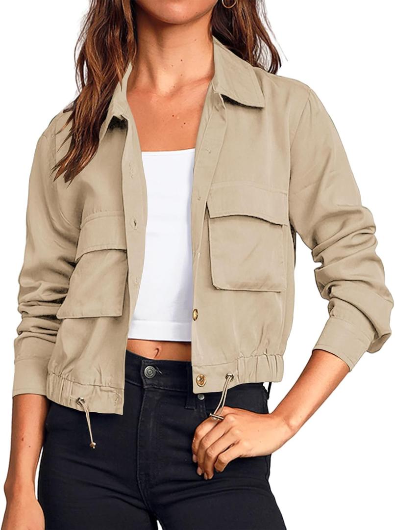 Onedreamer Women's Military Safari Cropped Jackets Button Down Lightweight Oversized Utility Anorak Coat with Pockets (Beige, Small)