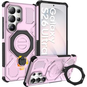 for Samsung Galaxy S26 Ultra Case, [360 Spin Magnetic Stand] [Compatible with MagSafe], Military Grade Protective S26 Ultra Case with Kickstand & Ring Holder, Pink