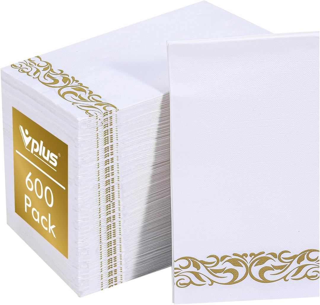Vplus 600 Pack Paper Napkins Guest Towels Disposable Premium Quality 3-ply Dinner Napkins Disposable Soft, Absorbent, for Kitchen, Wedding, Parties, Dinners or Events, (Gold)