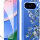 GVIEWIN for Google Pixel 10 Case/Pixel 10 Pro Case with Screen Protector, [Military Grade Drop Protection] Non Yellowing Clear Floral Slim Phone Cover for Women 2025 6.3" (Aconite/Blue)