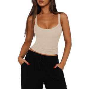 Womens Sexy Low Cut Tank Tops for Women Workout Spaghetti Strap Scoop Neck Ribbed Fitted Backless Basic Going Out Tops (Beige, XL)