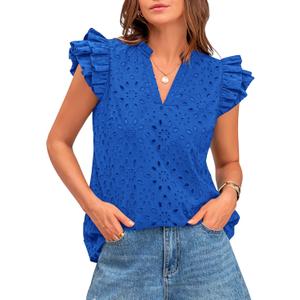 BTFBM Women Summer Eyelet Tops Dressy Casual V Neck Ruffle Cap Sleeve Cotton Boho Shirts Lace Embroidered Blouses 2025 (X-Large, Blue)