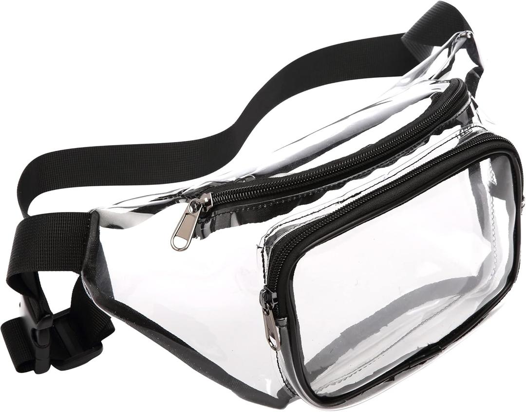 Veckle Clear Fanny Pack Stadium Approved - Adjustable 33-47 Inch Strap, Transparent Belt Bag for Women Men Fits 7.5-inch Smartphone, Waist Bag Clear Bag for Stadium Events, Sport, Concerts, Black
