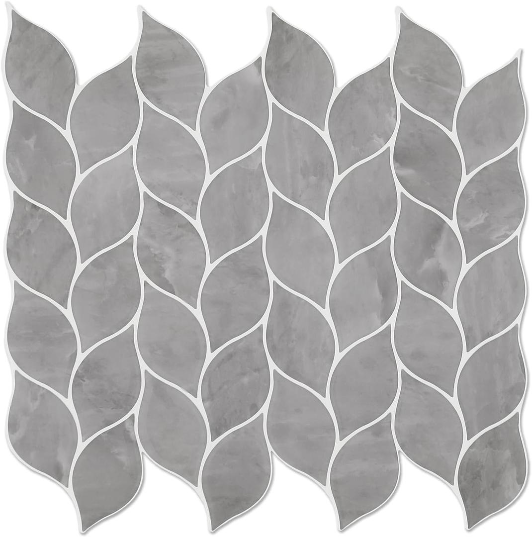 Tilingview 10 Pcs Leaf Design Peel and Stick for Kitchen Backsplash, Premium Self-Adhesive Tiles Wall Stickers (Dark Gray) (12"x12"x0.04")