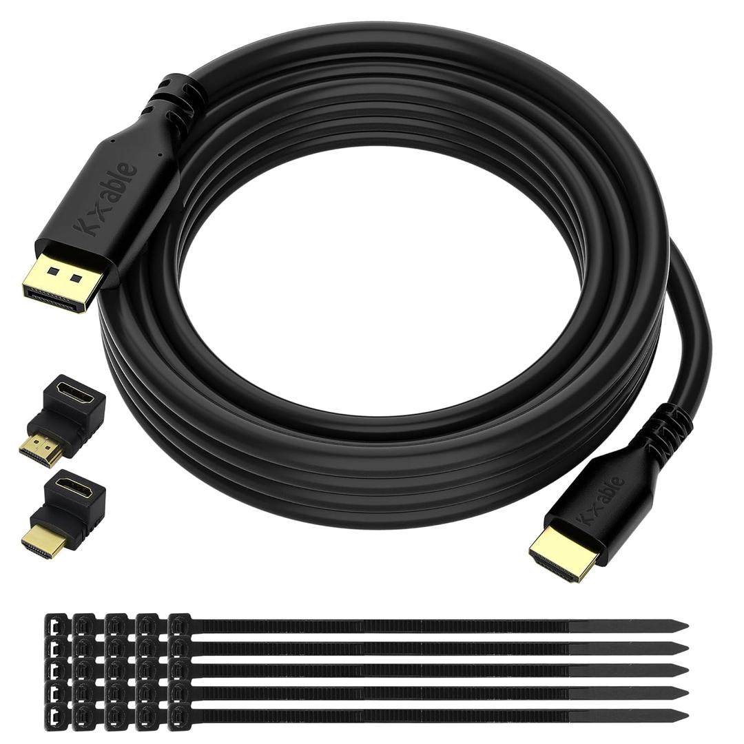 4K DisplayPort to HDMI Cable 50 FT, DP to HDMI Male Video UHD Cable, Uni-Directional Cord, for PC, Desktop, Graphics Card to HDTV, Monitor, Projector, with 2 HDMI Angle Adapters and 25 Zip Ties-Black