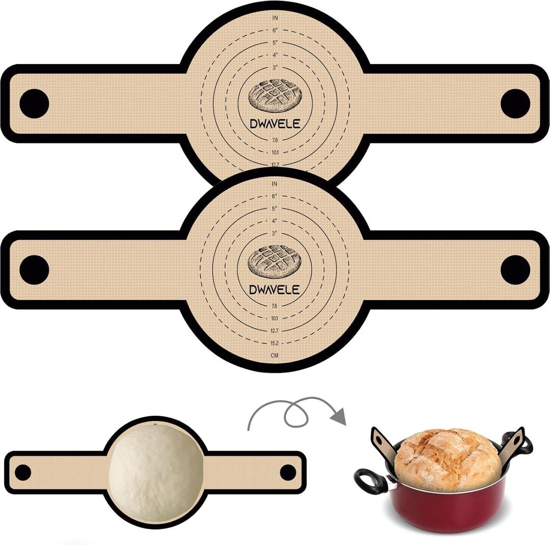 Silicone Bread Sling for Dutch Oven, Non-Stick & Easy to Clean Bread Baking Mat Set, 2 Pcs Reusable Bread Sling with Long Handle to Transfer Sourdough (Black, 2PCS Round)