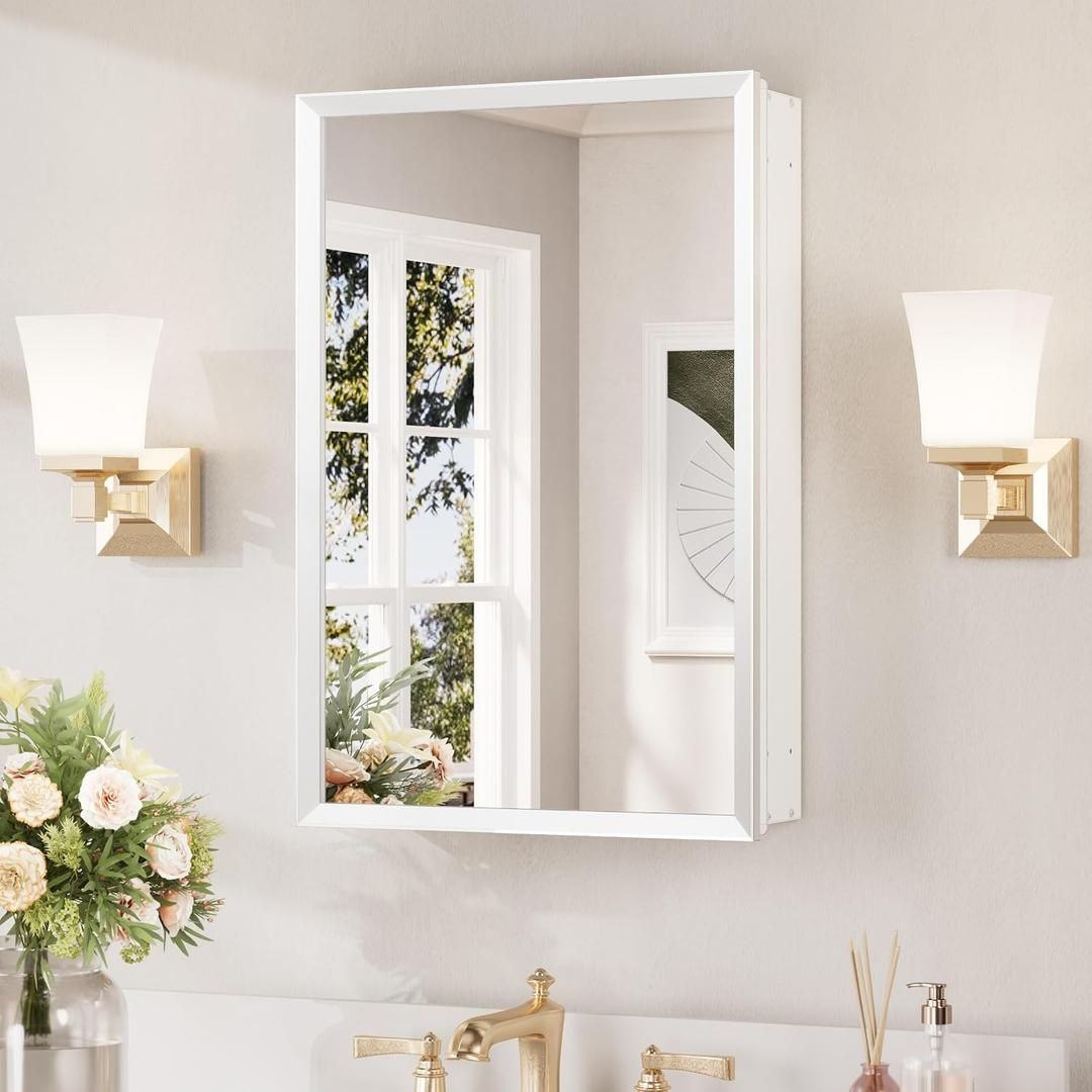 Keonjinn Medicine Cabinet Mirror 16" x 24", Assembly Required, White Medicine Cabinet with Mirror for Bathroom, Beveled Framed, Wall-Mounted or Recessed, Stepless Adjustable Shelves