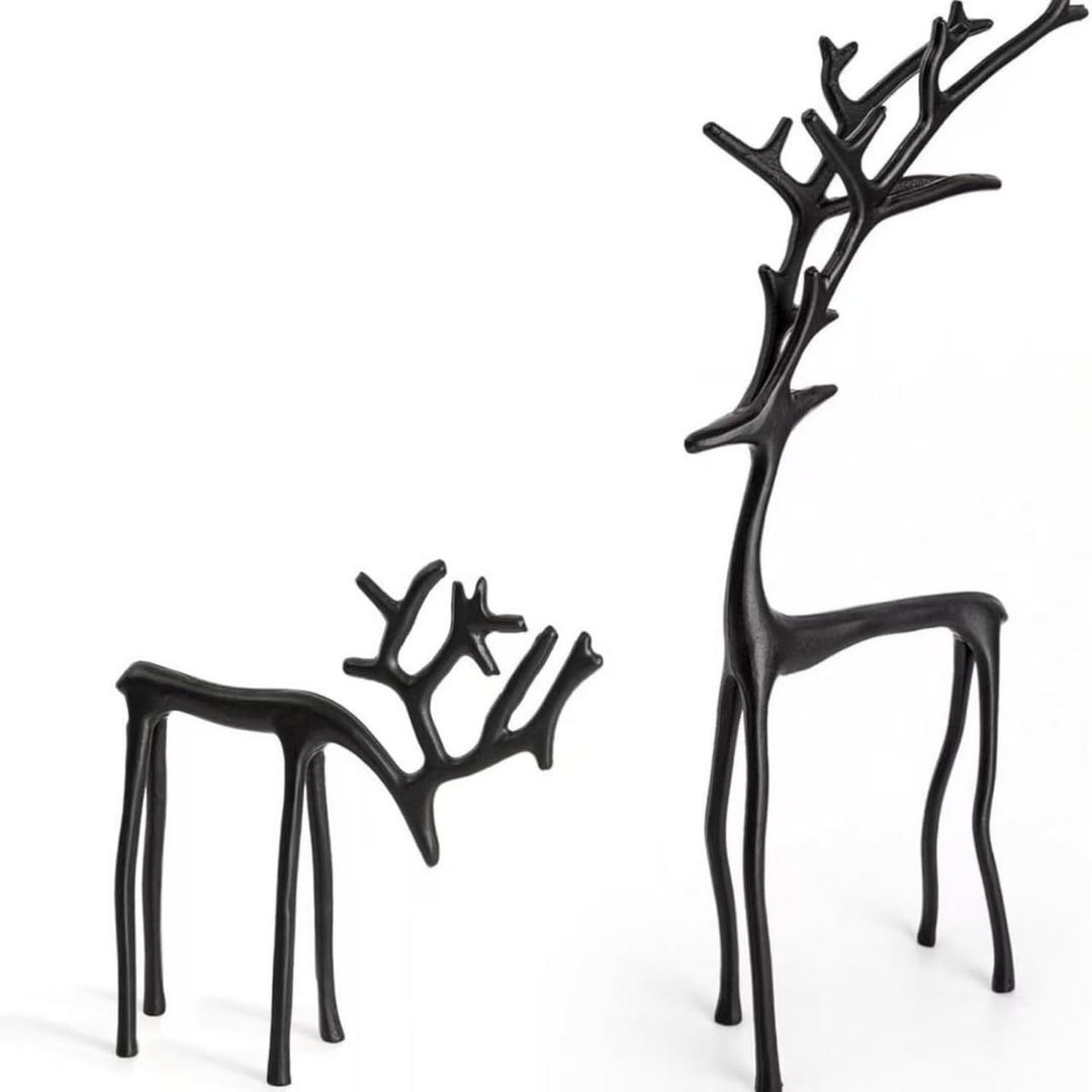 2 Pcs Christmas Reindeer Figurines Decor Xmas Tabletop Ornaments Black Deer Statue Ornament Imitation Metal Christmas Reindeer Statues for Living Room Patio Home Office Garden Backyard Decoration