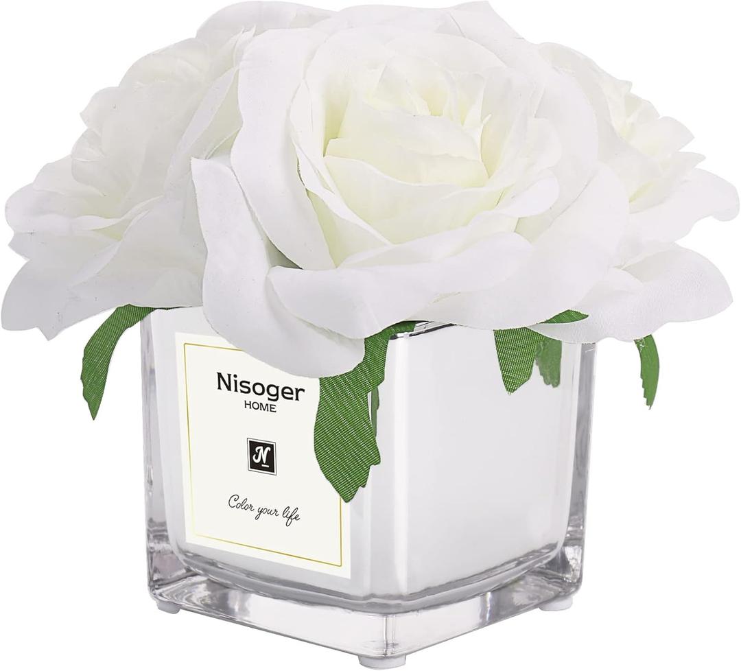 Nisoger Artificial White Silk Rose Bouquet in Vase - Faux Flower Arrangement for Home Decoration