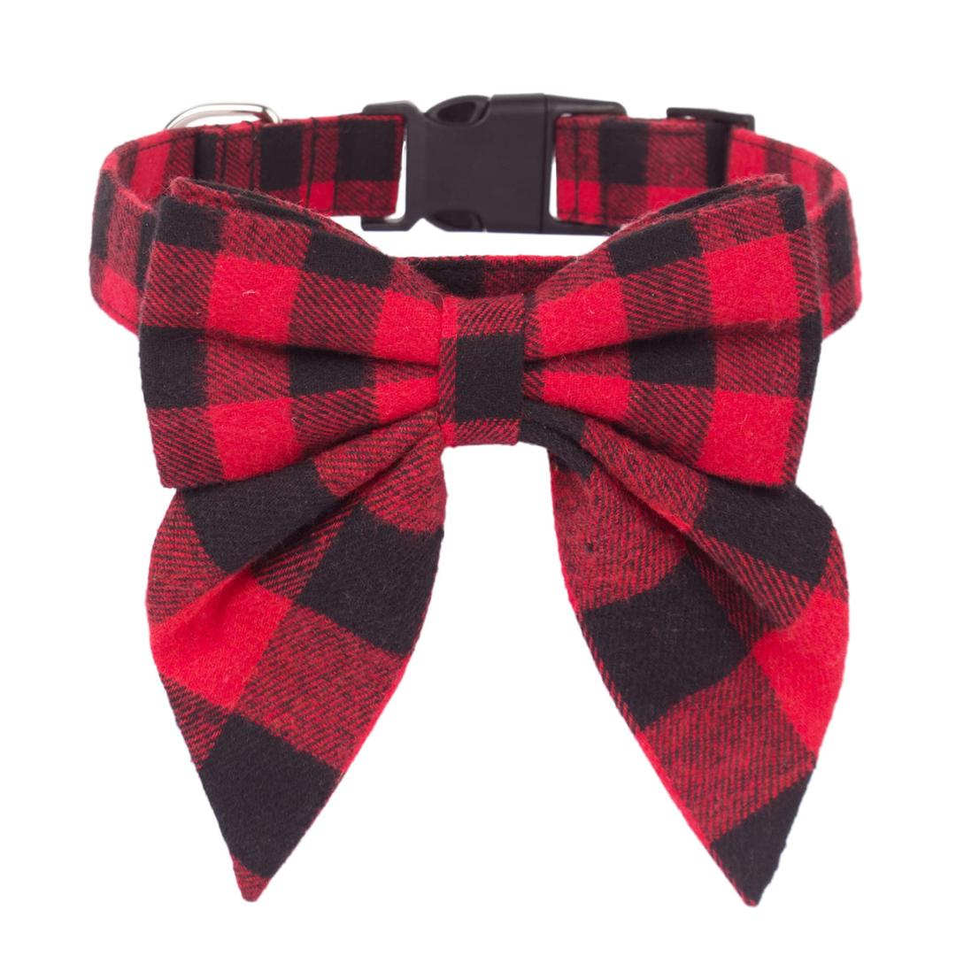 ADOGGYGO Christmas Dog Collar with Bow, Adjustable Cotton Red Plaid Bowtie Dog Christmas Collars for Large Dogs Pets (Large, Red & Black) (2 Pack)