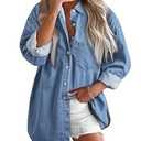 BTFBM Womens Button Down Denim Shirts Fall Lapel V Neck Lightweight Oversized Long Sleeve Thin Casual Blouse Tops Pocket(Solid Light Blue, Small)