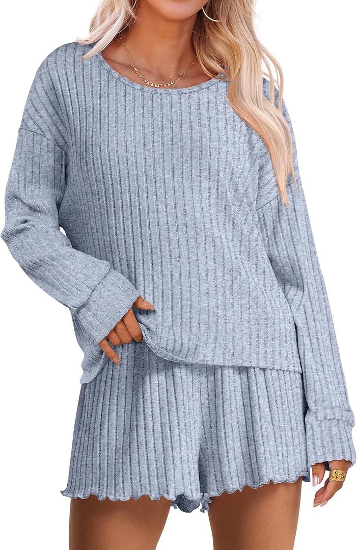 ANRABESS Women's 2 Piece Lounge Pajama Sets Casual Ribbed Long Sleeve Top Matching Shorts Sleepwear PJ Set 2026 Fall Outfits (L)