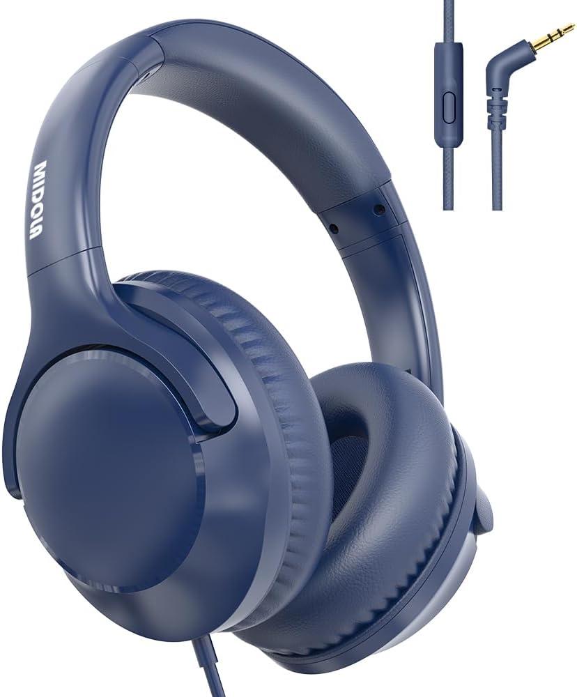 MIDOLA Wired Headphones Over-Ear Hi-Fi Sound with Microphone Adjustable Foldable, 1.5M Cord & 3.5mm Jack, Lightweight Headset for Kids Adults PC iPad Laptop Deep Blue