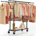 Heavy Duty Clothes Rack - Load 620 LBS, Rolling Clothing Rack for Hanging Clothes with Lockable Wheels & Shelves, Extendable Double Rod Garment Rack for Bedroom, Laundry, Living Room (Black)
