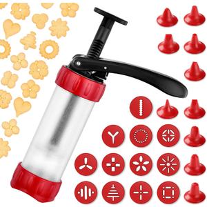 Cookie Press Set, Churro Maker with 12 Discs and 10 Cake Decorating Tips, Cookie Press for Biscuit and Churro, Red