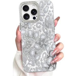 KANGHAR Case for iPhone 13 Pro Max Leopard Printed Pattern Cute Cheetah Phone Case Clear Bumper Hard Back Shockproof Protective Diamond Glittter Camera Lens Cover for iPhone 13 Pro Max White